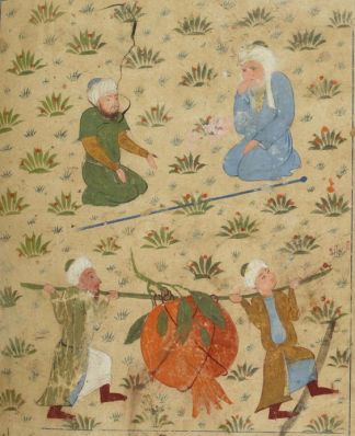 Ο Ιησούς του Ναυή, μεταφέροντας ένα τεράστιο ρόδι, Ṭūsī Salmānī, 1388