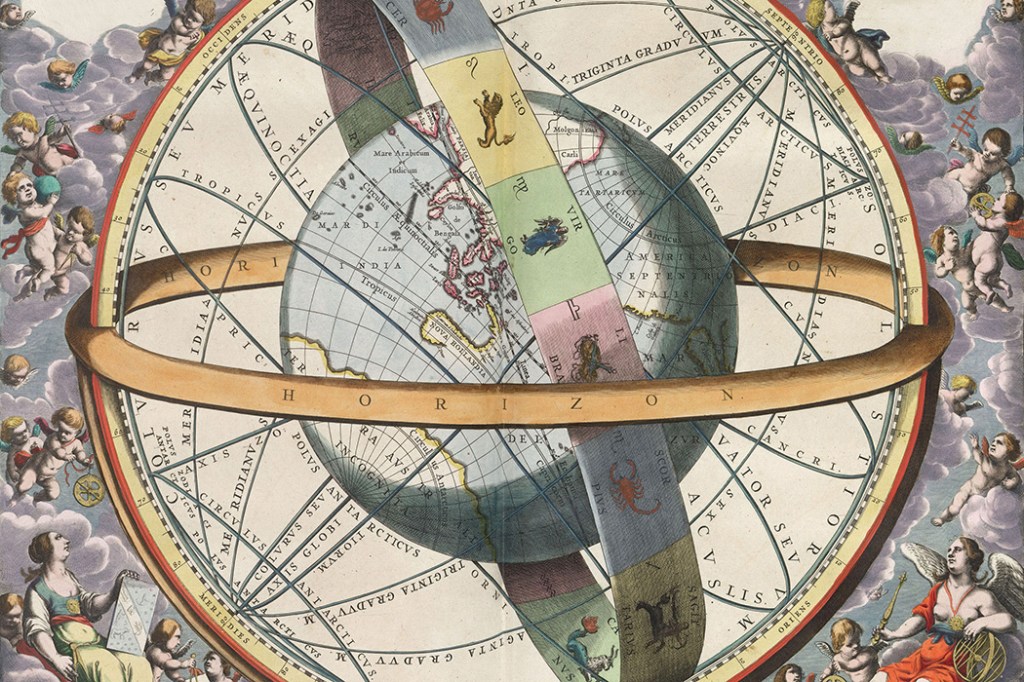 The location of the Earth encircled by the celestial circles, 1661 via Wikimedia Commons